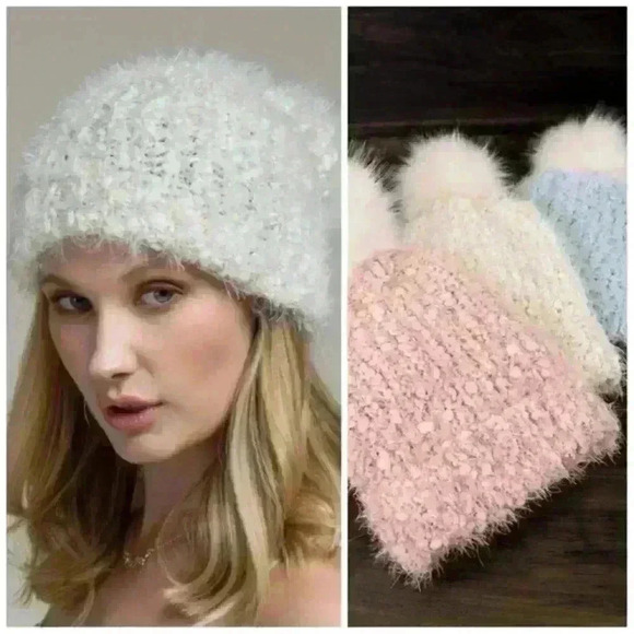 LAST ONE! Ultra Soft Popcorn Knit Beanie w/Faux Fur Pom Ivory - Picture 2 of 3